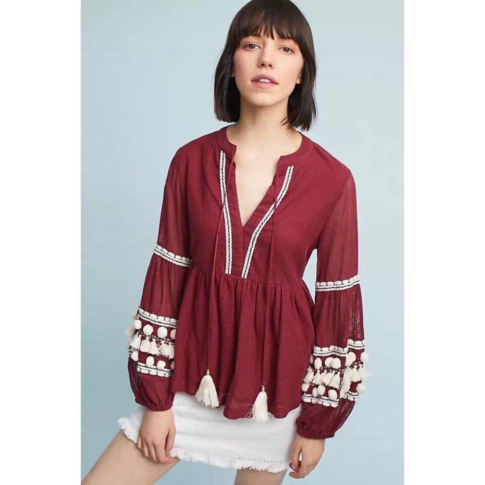 Anthropologie Vineet Bahl Nisha Pompom Peasants Blouse M